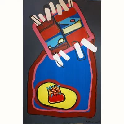Zapato con puntera amarilla pateando a un zapatito, pintura de Valentín Pedrosa (2011)