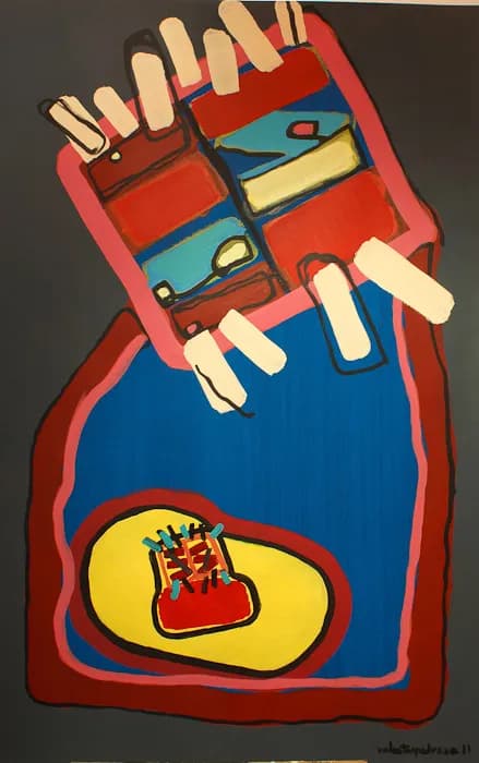 Zapato con puntera amarilla pateando a un zapatito, pintura de Valentín Pedrosa (2011)